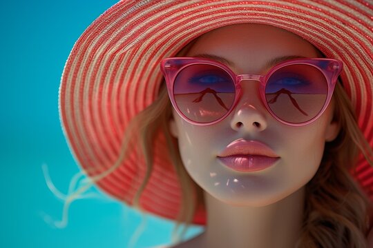 A stylish young lady enjoying summer vibes with a hat and sunglasses by the beach.