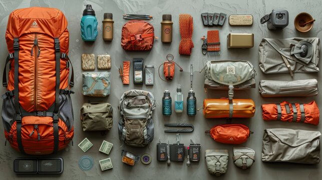 Top view of travel stuff on wood background.