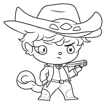 cute boy dressed as a cowboy with revolver, vector illustration line art