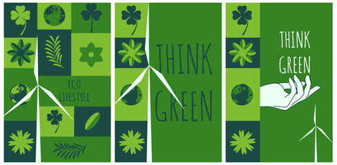 Set Think Green banner in trendy Geometric style. Eco lifestyle Geometrical concept with windmill turbine. Earth day Card collection. Vector illustration can used web and social media poster, EPS 10