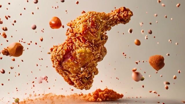 Crispy fried chicken surrounded by spices floating in the air against a white background.	