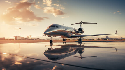Private Jet is on runway. the air plane is parked at the port at sunset