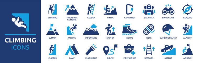 Climbing icon set. Containing climb, mountains, hiking, ladder, rope, alpinist, climber and more. Solid vector icons collection.