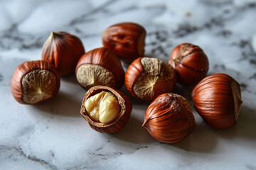 Obraz premium Horizontal banner with hazelnuts on a marble tabletop. Healthy snack. Generated by artificial intelligence