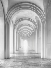 A long, narrow hallway with white arches and a light shining through the center