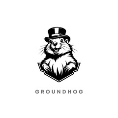 Groundhog Black and white silhouette logo design. Vector Groundhog Cartoon Character. Happy Groundhog Day Vector Illustration