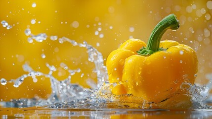 The poster features a bright yellow bell pepper with water droplets splashing off the surface. This illustration subtly highlights the bright colors and textures of the pepper. Compared to a solid col