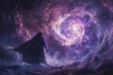 A powerful sorcerer god, akin to Morgoth, stands cloaked in mystical robes as he casts spells, a swirling galaxy serving as his backdrop. - obrazy, fototapety, plakaty