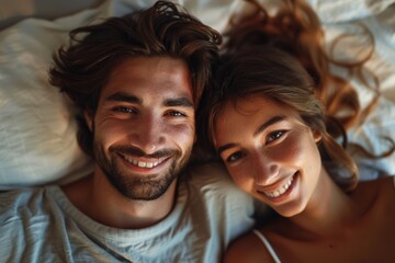 Loving couple enjoying a cozy morning in bed, embracing each other with smiles on their faces.