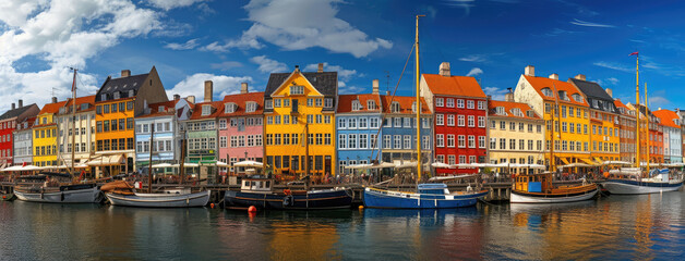 Colorful Copenhagen Canal with Historical Boats - obrazy, fototapety, plakaty