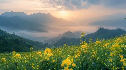 a Landscape photo of  mountains and fog in the distance, sunrise, Rapeseed Flowers, overall view