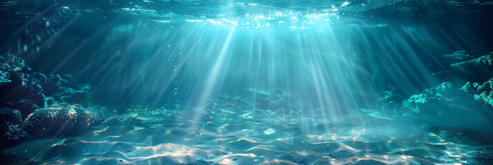 underwater scene with rays of light and sun, Underwater blue sea water with sunlight background landscape, banner