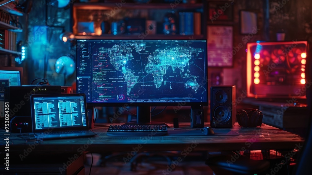 Poster a hacker's lair, lit only by the glow of a monitor displaying lines of blue code and a flashing red 