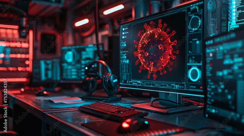 Poster a hacker's lair, lit only by the glow of a monitor displaying lines of blue code and a flashing red 