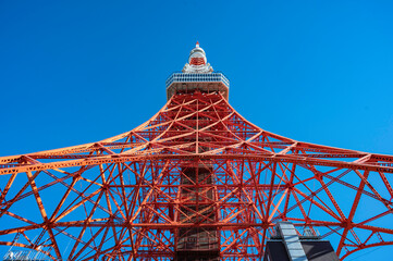 toyko tower in japan with blue sky shooting at special angle