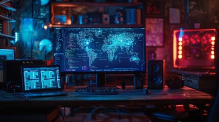 A hacker's lair, lit only by the glow of a monitor displaying lines of blue code and a flashing red virus alert, surrounded by cyber security icons.