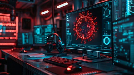 A hacker's lair, lit only by the glow of a monitor displaying lines of blue code and a flashing red virus alert, surrounded by cyber security icons.