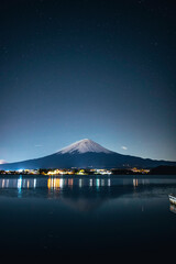 Night view of Fuji Mountain at Kawaguchiko Lake