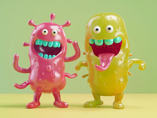 Fototapeta premium Beneficial probiotics bacteria characters promoting gut health, depicted as friendly and amusing, symbolizing health supplements for gastrointestinal wellness and a positive mood 