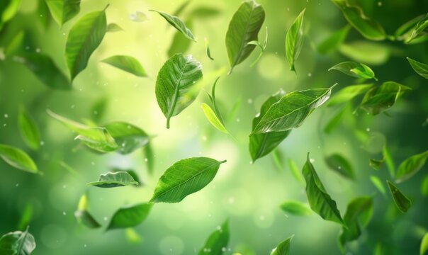 Fresh green tea leaves flying, green tea garden background with place for text. Fresh tea, air purifier, organic, vegan, eco-friendly, or beauty product concept design