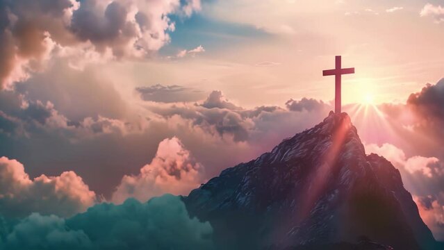 a cross on a mountain in a beautiful shining sky scene rays of light shining into the holy cross of Jesus, death and resurrection of Jesus Christ 4k video