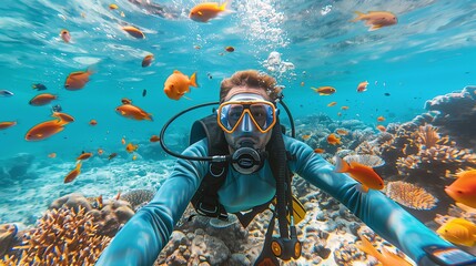 Scuba diver swimming underwater, pristine white sand under tropical sea clear blue, Colorful coral reef, snorkeling amongst many clownfish - obrazy, fototapety, plakaty