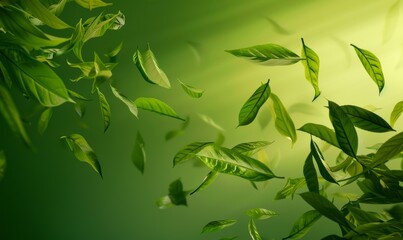 Fresh green tea leaves flying, green tea garden background with place for text. Fresh tea, air purifier, organic, vegan, eco-friendly, or beauty product concept design