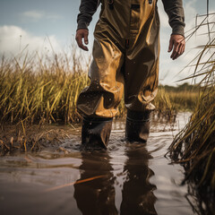 Young man in waders and in camouflage clothing walks across a marsh. Fishermen and hunters use special boots with high lapels for catching and shooting fish and waterfowl. - obrazy, fototapety, plakaty
