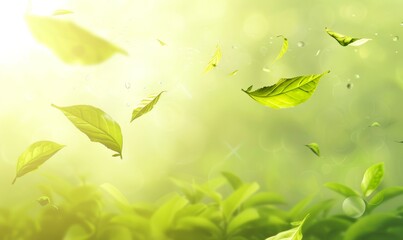 Fototapeta na wymiar Fresh green tea leaves flying, green tea garden background with place for text. Fresh tea, air purifier, organic, vegan, eco-friendly, or beauty product concept design