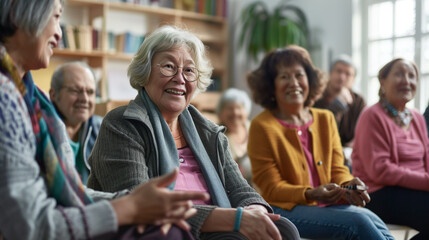 Group of Older Women Sitting Together in the nursing home - obrazy, fototapety, plakaty