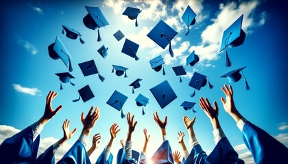 Graduates celebrate their success by tossing caps against a clear blue sky