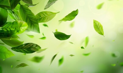 Fresh green tea leaves flying, green tea garden background with place for text. Fresh tea, air purifier, organic, vegan, eco-friendly, or beauty product concept design