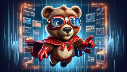 Animated bear dressed as a superhero surrounded by financial charts and graphs