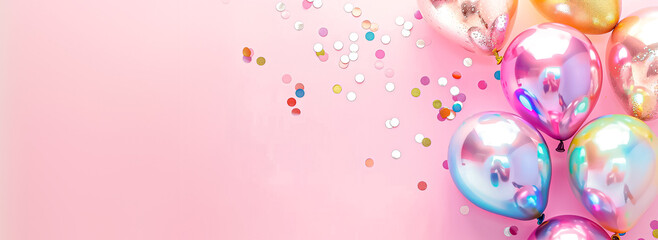 Beautiful colorful pastel balloons with confetti around on pink background for party, birthday,...