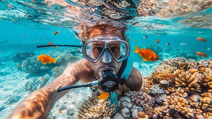 Scuba diver man swimming in the under water sea - obrazy, fototapety, plakaty