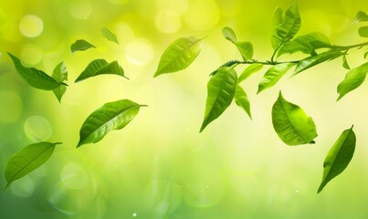 Fresh green tea leaves flying, green tea garden background with place for text. Fresh tea, air purifier, organic, vegan, eco-friendly, or beauty product concept design