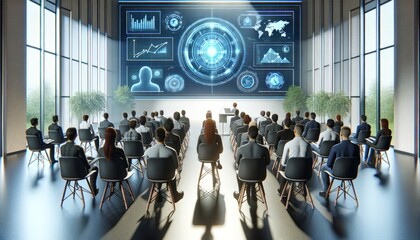People at a futuristic conference with advanced digital analytics display