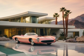 old retro car modern pink peach color next to a large house and windows, swimming pool, palm trees, yard
