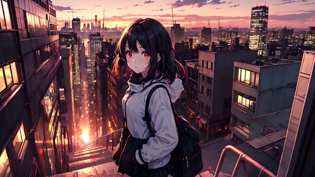 Anime girl standing on the roof of a multi-story building, PC wallpaper, anime background