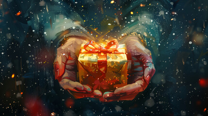 Beautiful painting style illustration of gift box wrapped and decorated with red ribbon with light and stars.