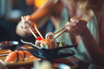 Closeup of female hands holding chopsticks and eating sushi in restaurant. Japanese Cuisine Concept with Copy Space. Oriental Cuisine.