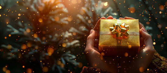 Luxury golden gift box with snowy winter background, special present box with pine tree as background.