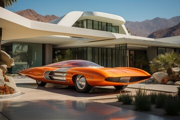 old retro car modern orange color next to a large house and windows, swimming pool, palm trees, yard