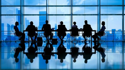 Obraz na płótnie Canvas A group of business people are sitting around a table in a conference room. They are looking at the city view outside the window.