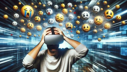 Person immersed in virtual reality with floating emoticons expressing feelings