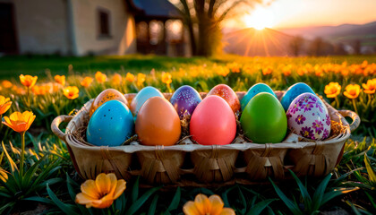 Easter Sunset Serenity: A Basket of Decorated Eggs Among Flowers.