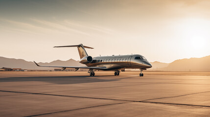 Private Jet is on runway. the air plane is parked at the port at sunset