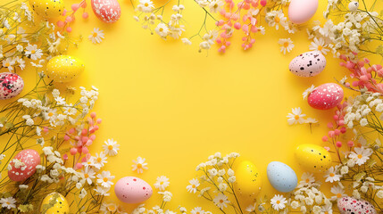 Naklejka na ściany i meble Top view photo of yellow background with pastel colorful easter eggs, spring flowers mockup with copy space in the center.