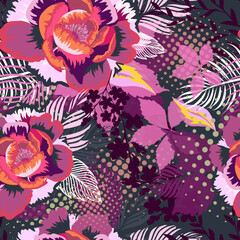 Beautiful floral seamless background on dark. hand drawing. Not AI, Vector illustration