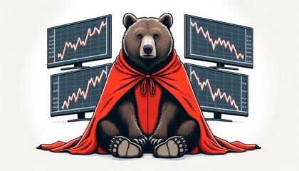 Cartoon bear in a red cape sits in front of monitors showing stock market trends symbolizing market downturn